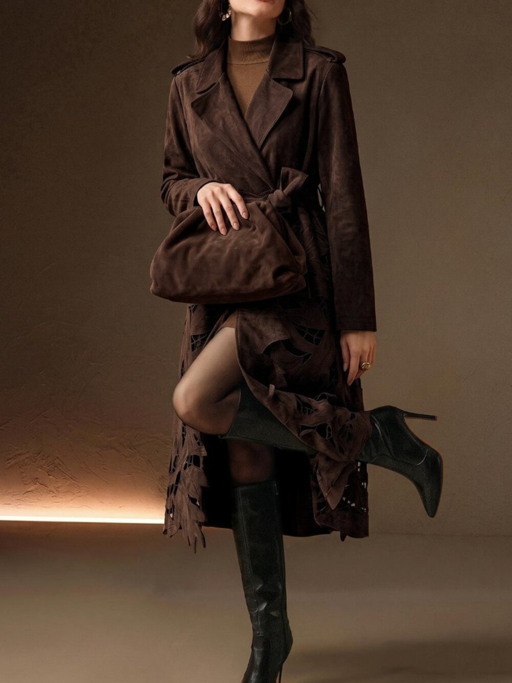 Coffee Brown Elegant Women's Leaf Hollow Embroidery Trench Coat - Picture 3 of 8